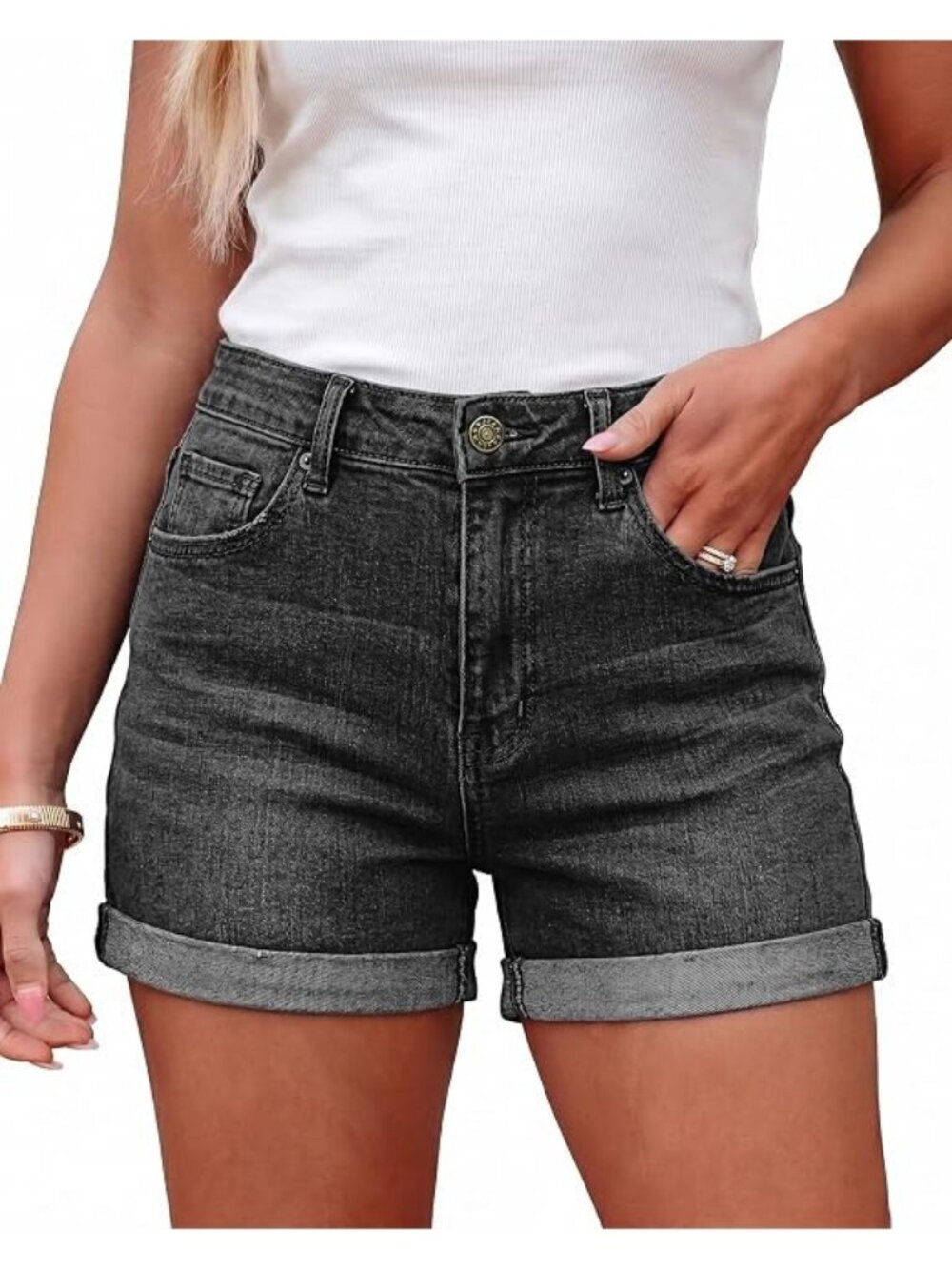 Time And Tru Jean Shorts Size 6 Mid-Rise Cuffed Hem Black Dark Wash